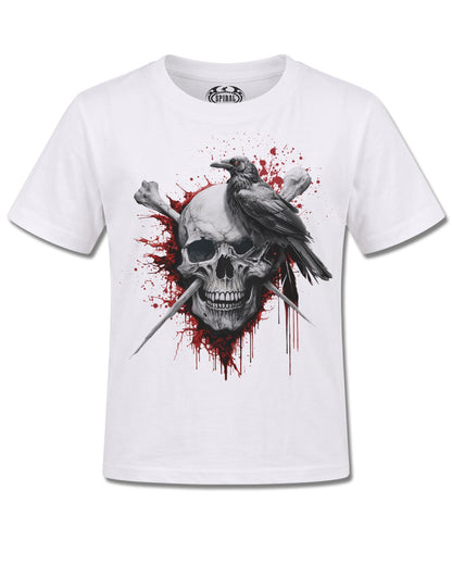 Spiral Death Raven design, front view on White K105, Rock Off Retail official merch