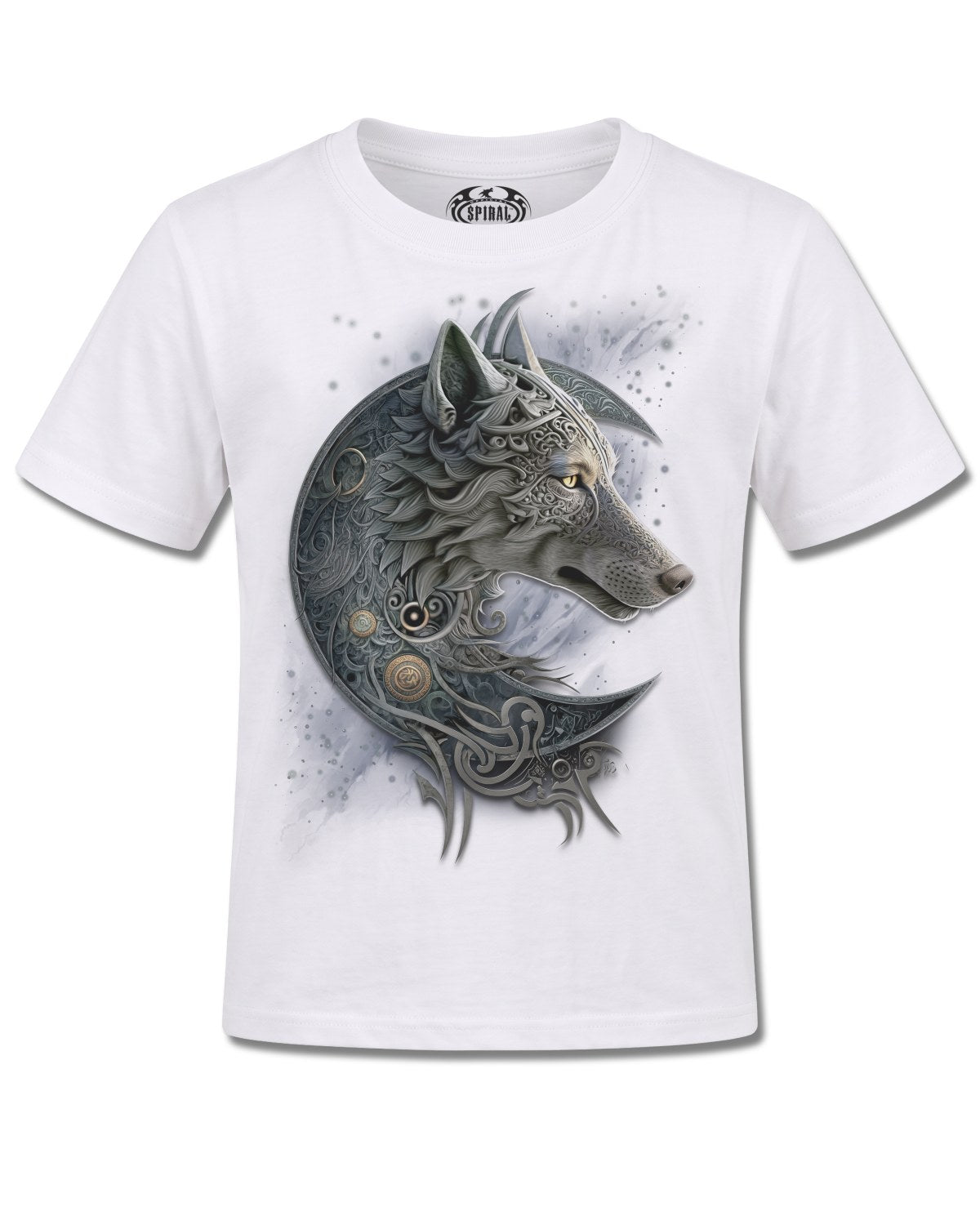 Spiral Celtic Wolf design, front view on White K105, Rock Off Retail official merch