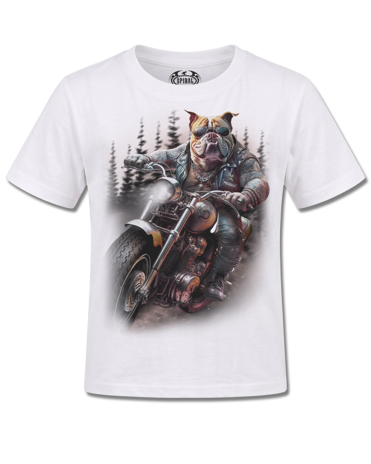 Spiral Top Dog design, front view on White K105, Rock Off Retail official merch