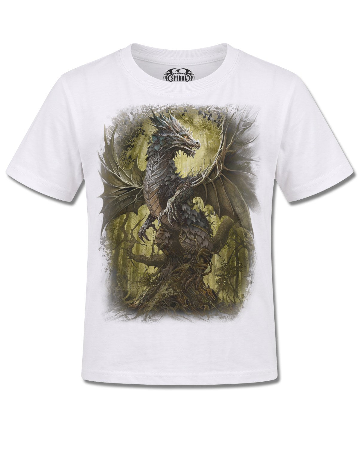 Spiral Oak Dragon design, front view on White K105, Rock Off Retail official merch