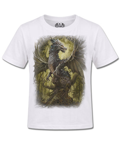 Spiral Oak Dragon design, front view on White K105, Rock Off Retail official merch