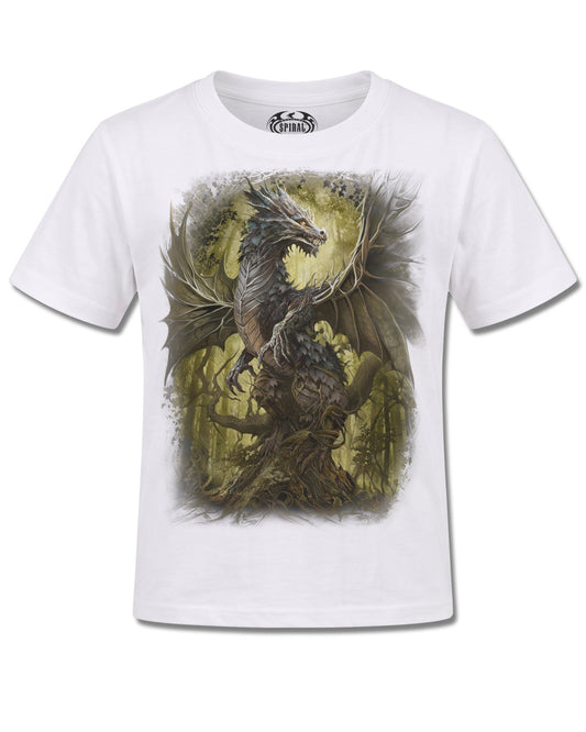 Spiral Oak Dragon design, front view on White K105, Rock Off Retail official merch