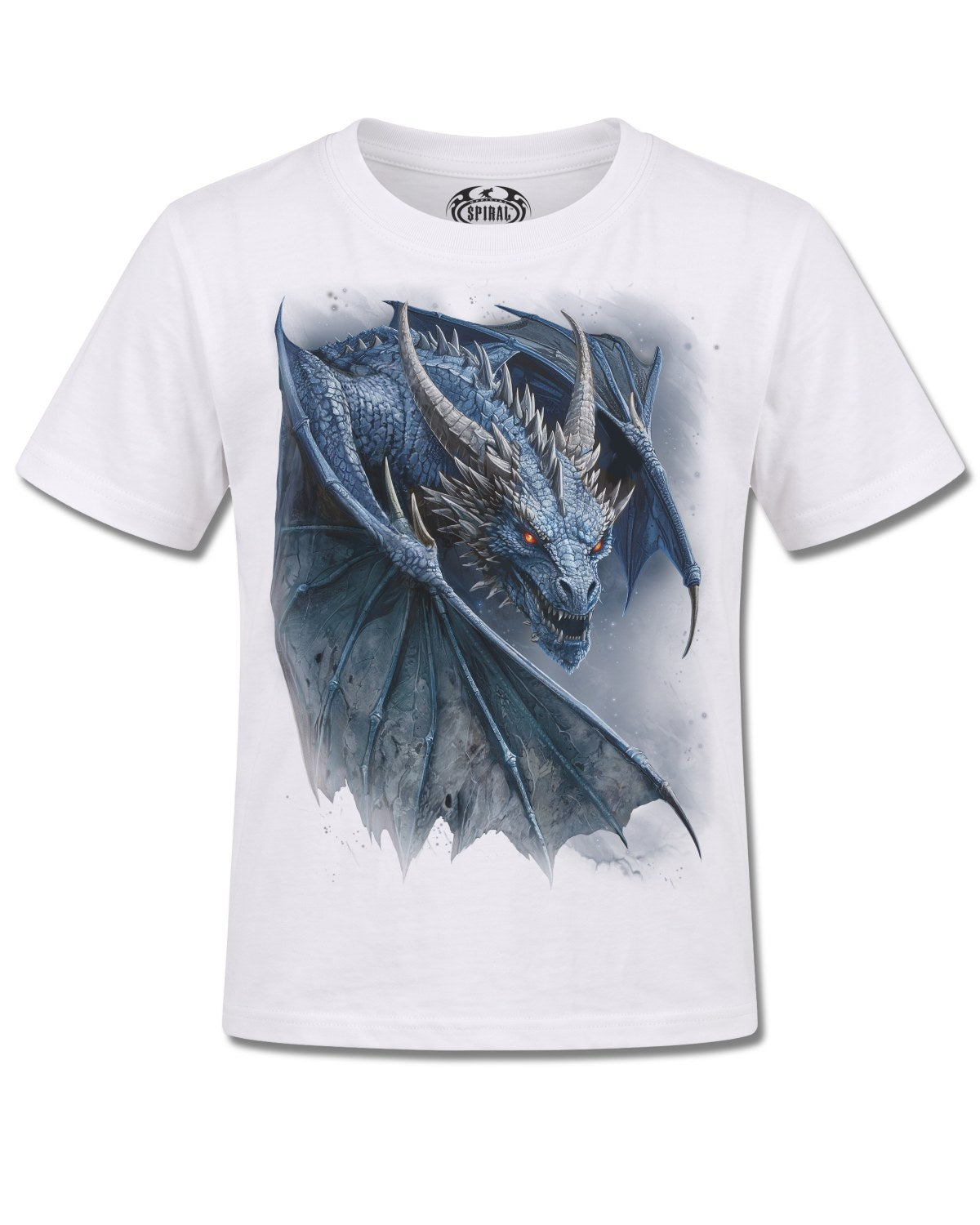 Spiral Storm Dragon design, front view on White K105, Rock Off Retail official merch