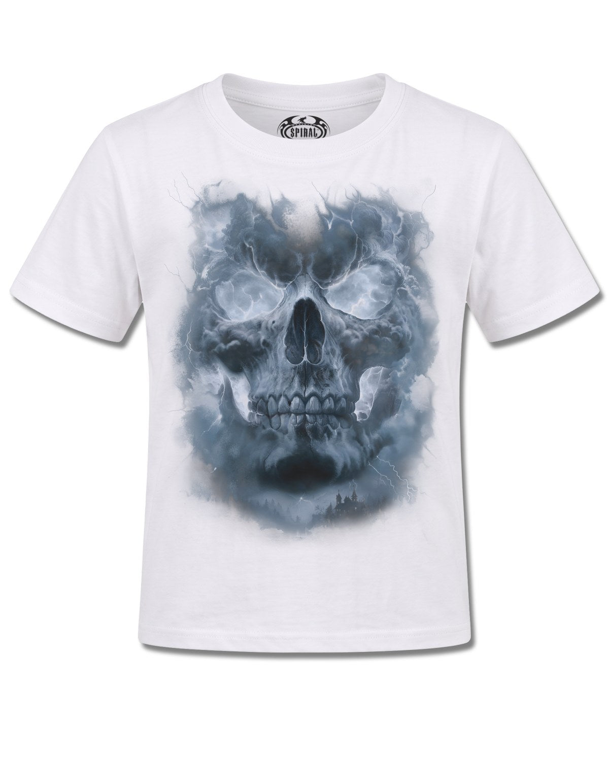Spiral Grave Skies design, front view on White K105, Rock Off Retail official merch