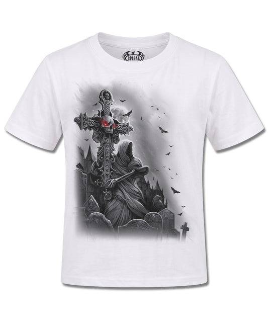 Spiral Grave Walker design, front view on White K105, Rock Off Retail official merch
