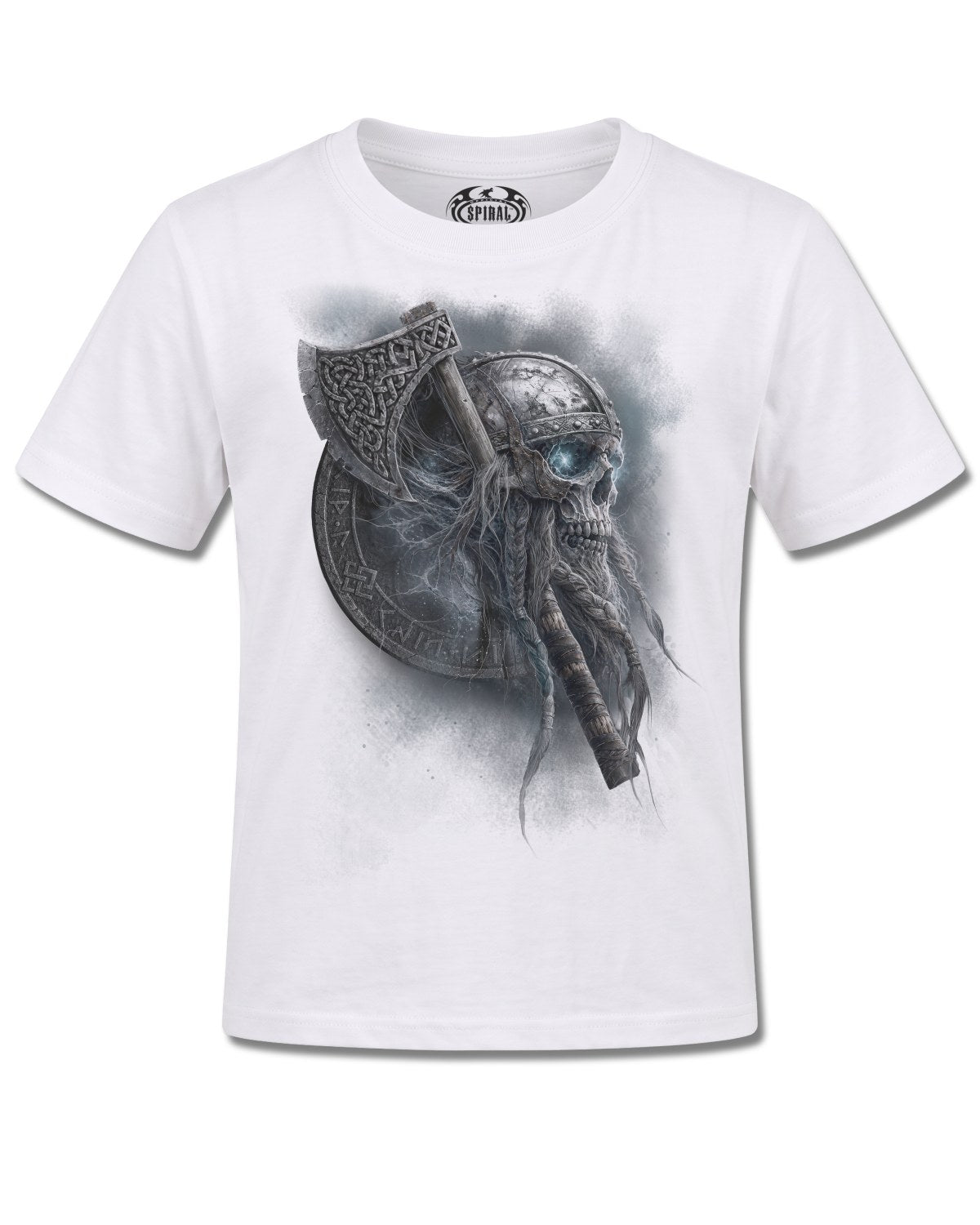 Spiral Viking Rampage design, front view on White K105, Rock Off Retail official merch