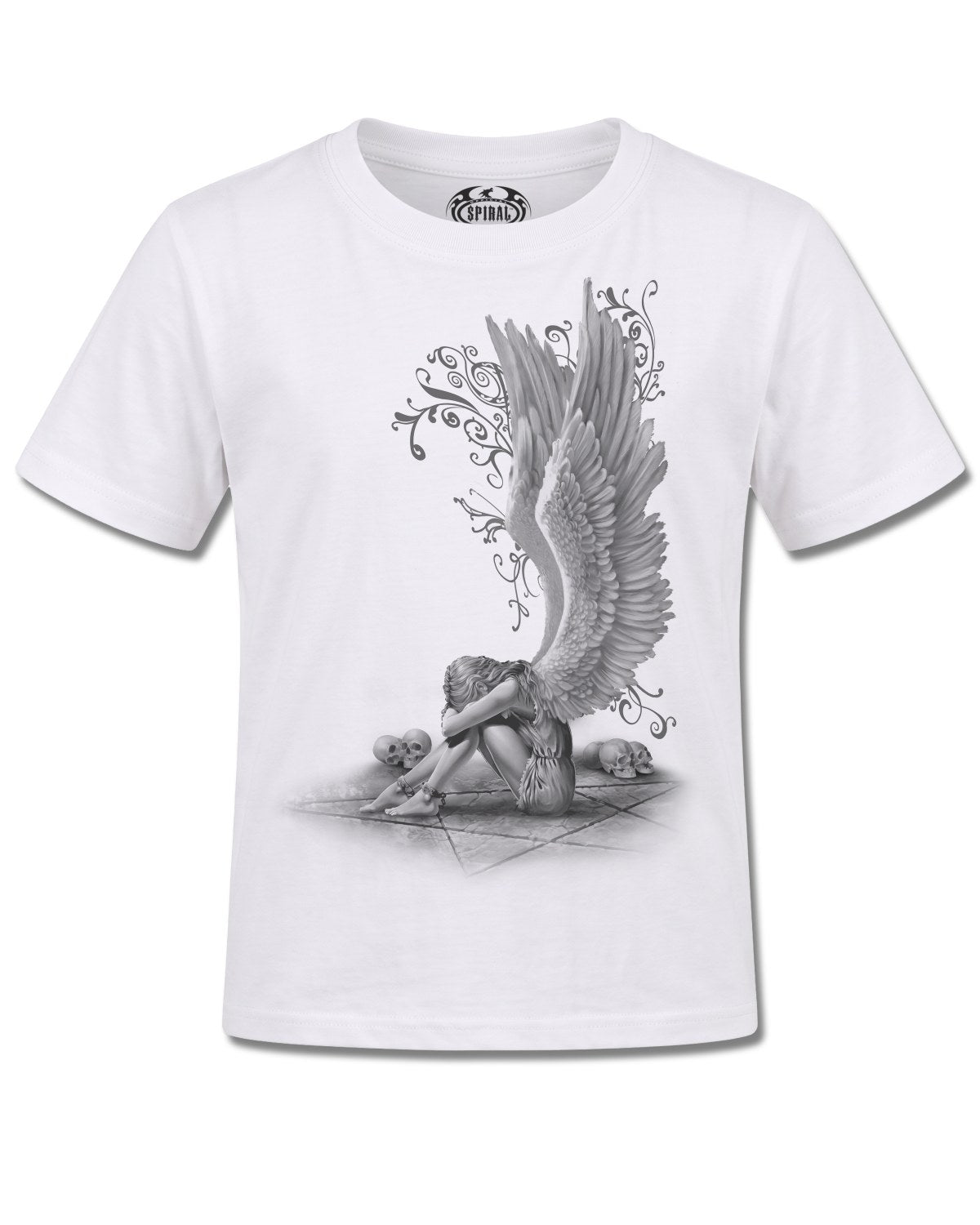 Spiral Enslaved Angel design, front view on White K106, Rock Off Retail official merch