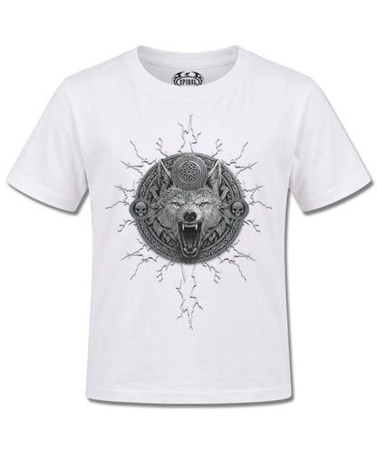 Spiral Valhalla design, front view on White K106, Rock Off Retail official merch