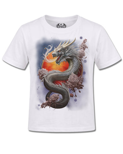 Spiral Sun Dragon design, front view on White K106, Rock Off Retail official merch