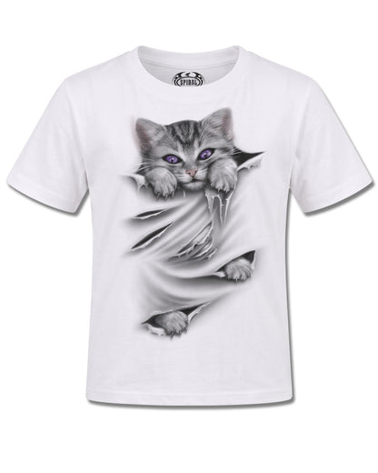 Spiral Bright Eyes design, front view on White K106, Rock Off Retail official merch