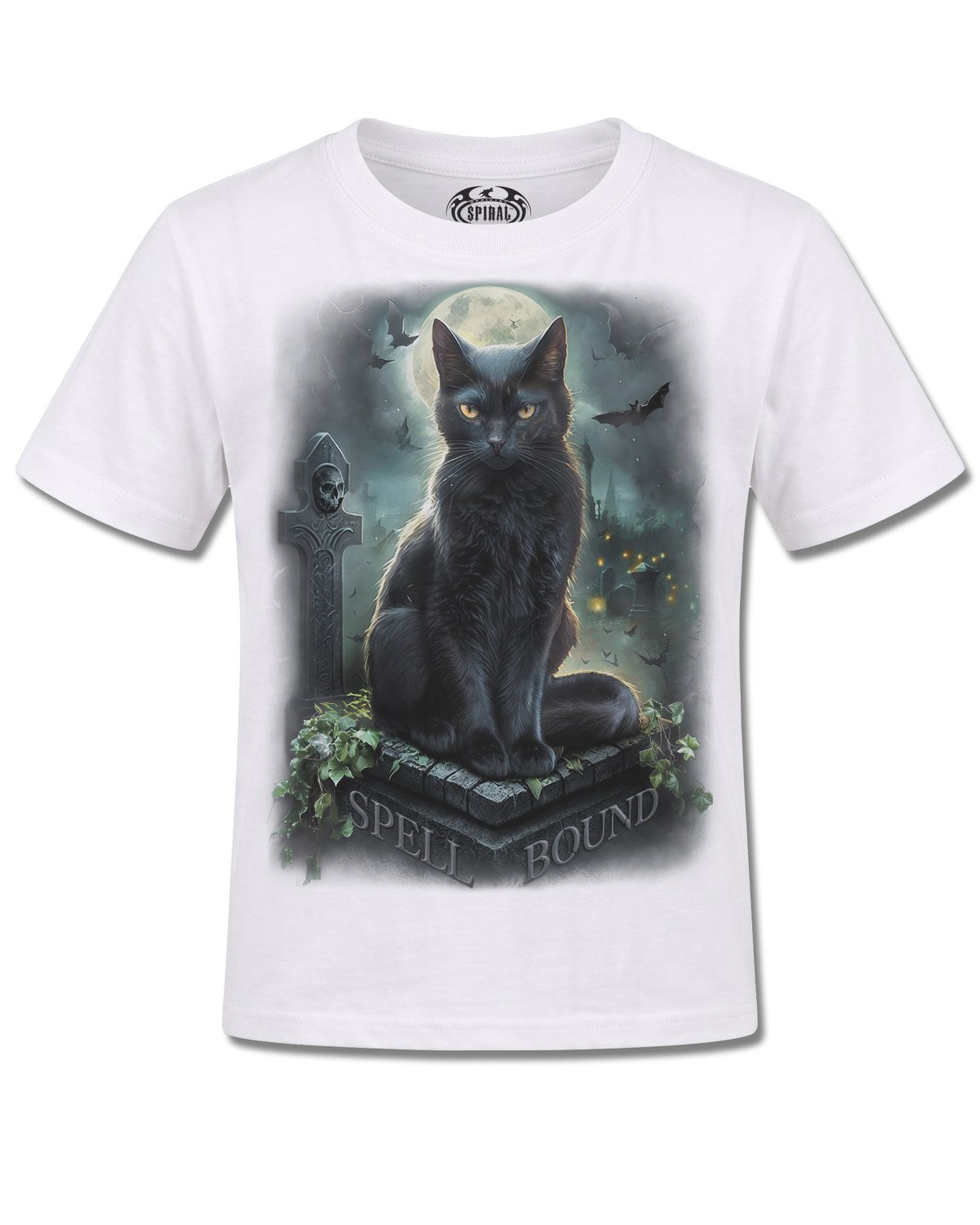 Spiral Spell Bound design, front view on White K106, Rock Off Retail official merch