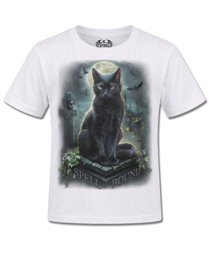 Spiral Spell Bound design, front view on White K106, Rock Off Retail official merch