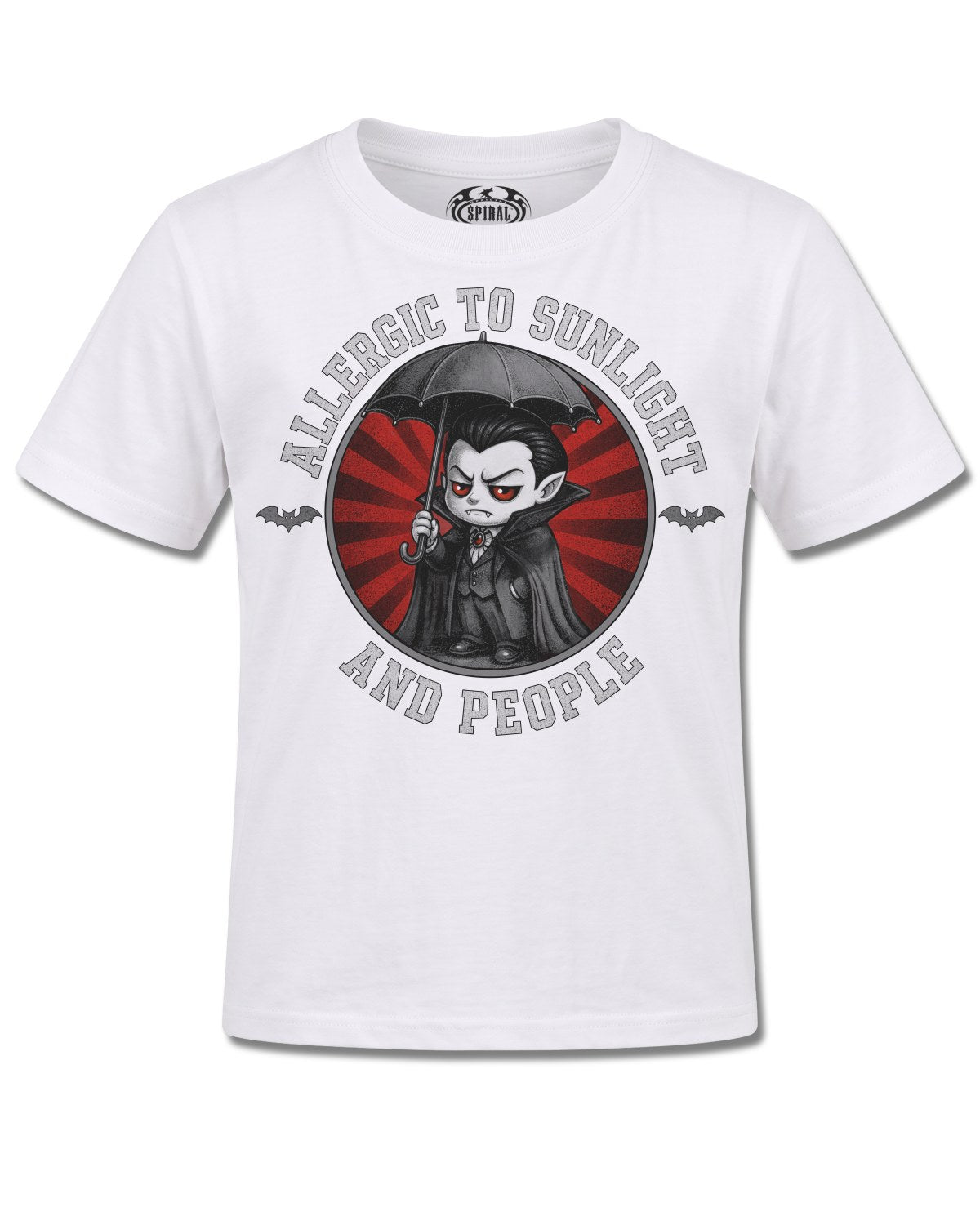 Spiral Allergies design, front view on White K106, Rock Off Retail official merch