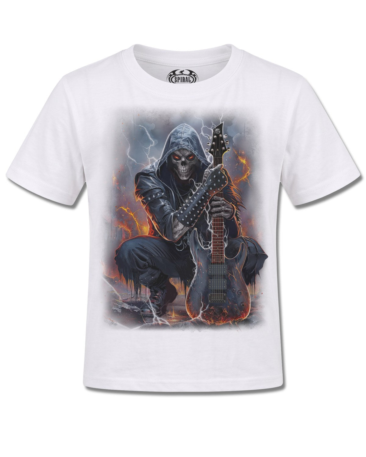 Spiral Death Rocker design, front view on White K106, Rock Off Retail official merch