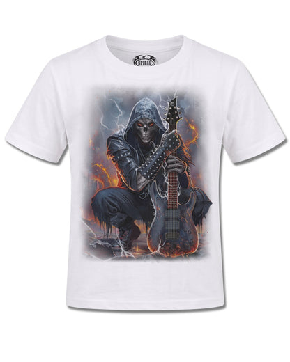 Spiral Death Rocker design, front view on White K106, Rock Off Retail official merch