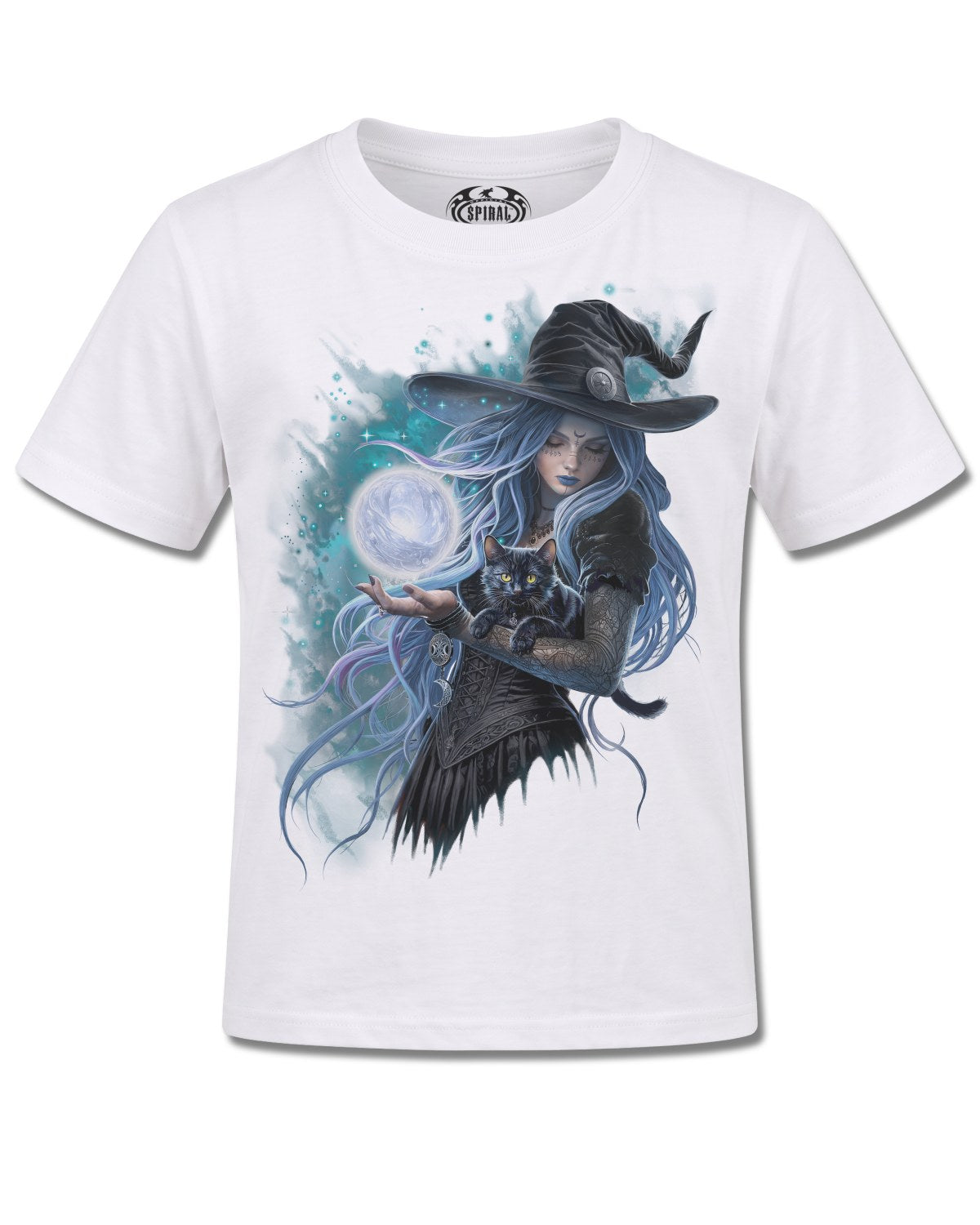 Spiral Mystic Moon design, front view on White K106, Rock Off Retail official merch