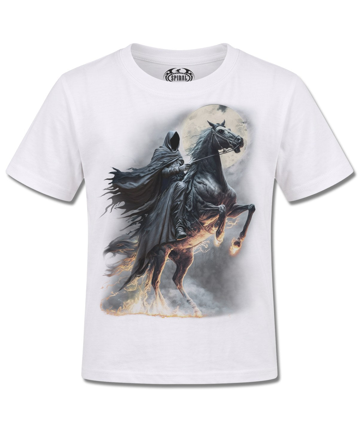 Spiral Shadow Rider design, front view on White K106, Rock Off Retail official merch