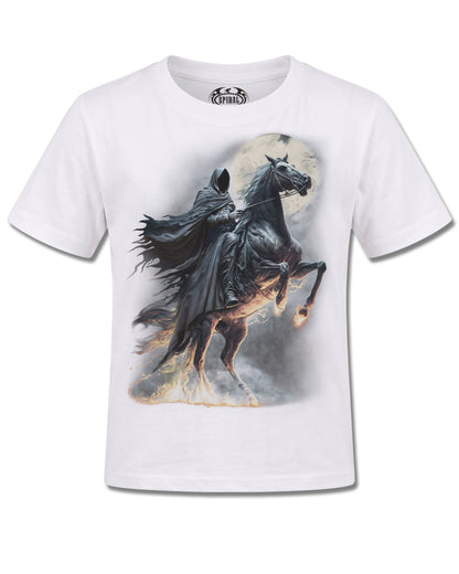 Spiral Shadow Rider design, front view on White K106, Rock Off Retail official merch