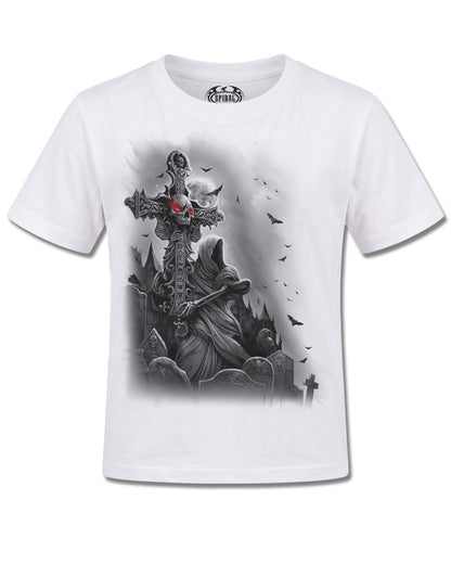 Spiral Grave Walker design, front view on White K106, Rock Off Retail official merch