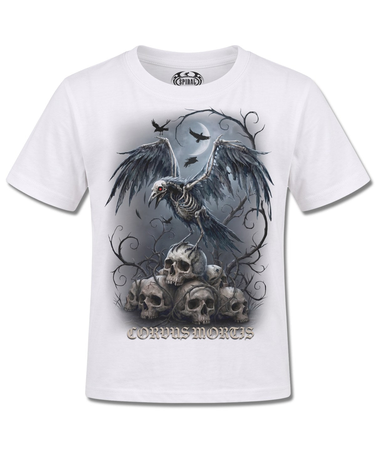Spiral Corvus Mortis design, front view on White K106, Rock Off Retail official merch