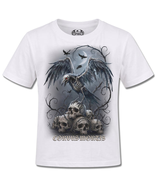 Spiral Corvus Mortis design, front view on White K106, Rock Off Retail official merch