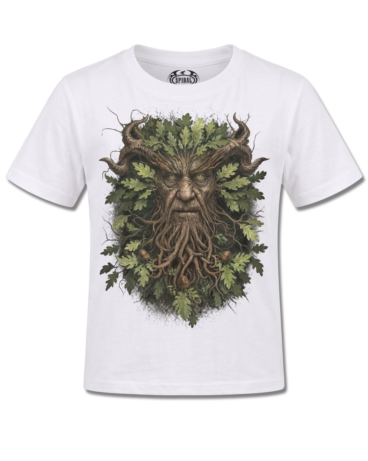 Spiral Woodland King design, front view on White K106, Rock Off Retail official merch