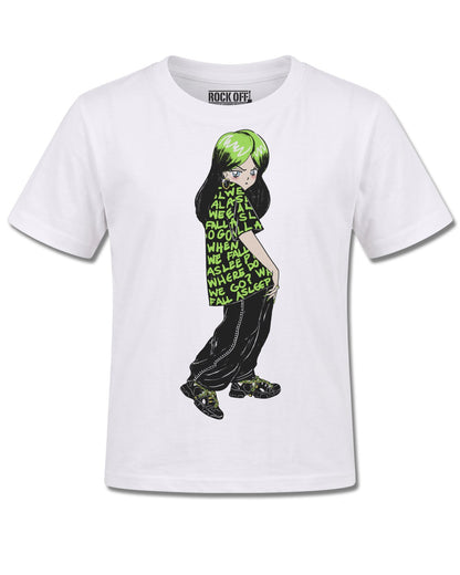 Billie Eilish Anime Billie (Billie Eilish) design, front view on White K106, Rock Off Retail official merch