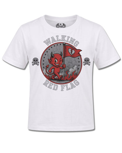 Spiral Red Flag design, front view on White K106, Rock Off Retail official merch