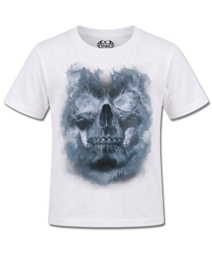 Spiral Grave Skies design, front view on White K106, Rock Off Retail official merch