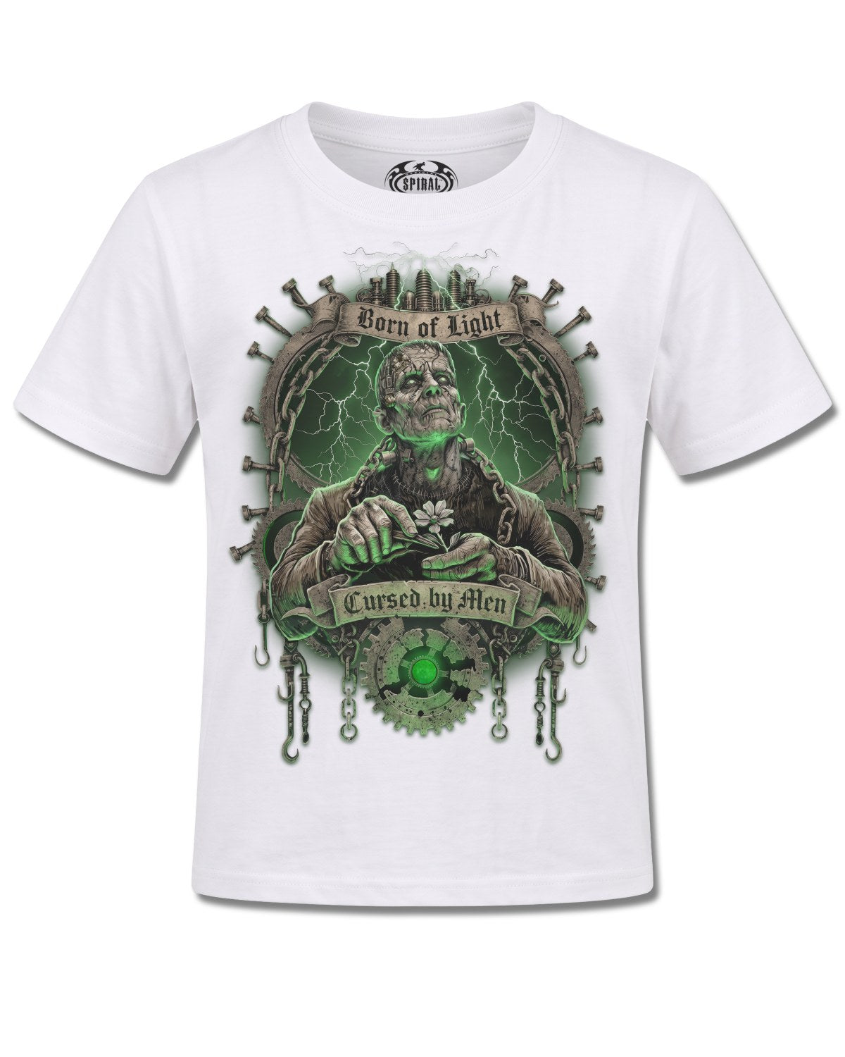 Spiral Cursed By Men design, front view on White K106, Rock Off Retail official merch