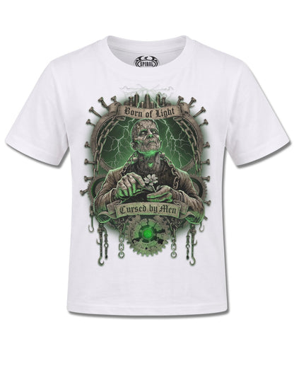 Spiral Cursed By Men design, front view on White K106, Rock Off Retail official merch