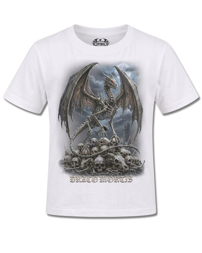 Spiral Draco Mortis design, front view on White K106, Rock Off Retail official merch