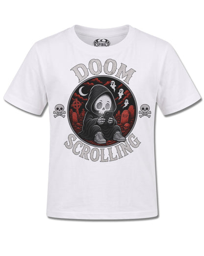 Spiral Doom Scrolling design, front view on White K106, Rock Off Retail official merch