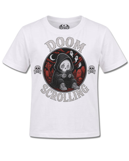 Spiral Doom Scrolling design, front view on White K106, Rock Off Retail official merch