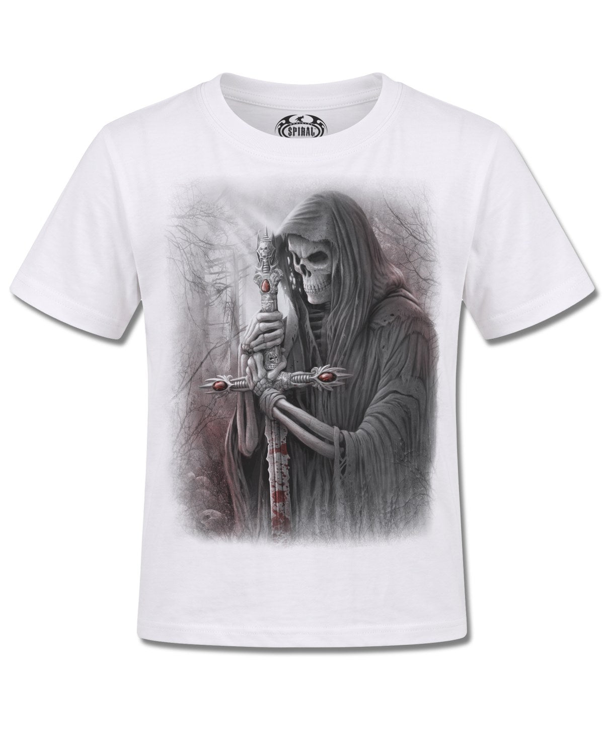 Spiral Soul Searcher design, front view on White K106, Rock Off Retail official merch