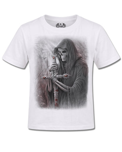 Spiral Soul Searcher design, front view on White K106, Rock Off Retail official merch