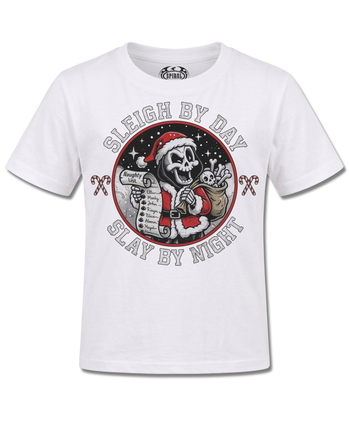 Spiral Slay By Night design, front view on White K106, Rock Off Retail official merch