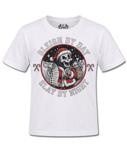 Spiral Slay By Night design, front view on White K106, Rock Off Retail official merch