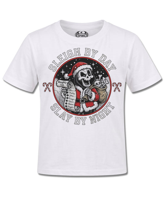 Spiral Slay By Night design, front view on White K106, Rock Off Retail official merch