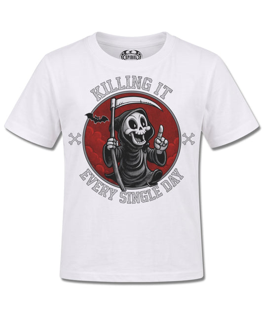 Spiral Killing IT design, front view on White K106, Rock Off Retail official merch
