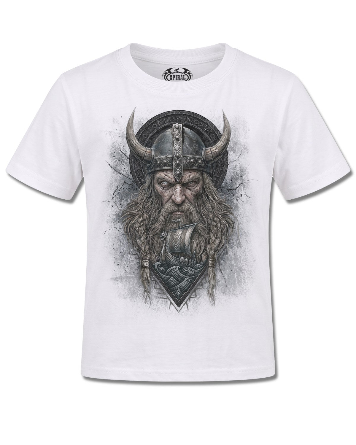 Spiral Viking Norseman design, front view on White K106, Rock Off Retail official merch