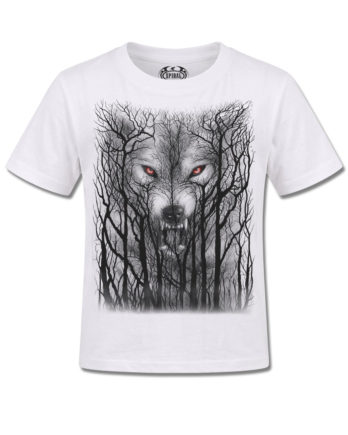Spiral Forest Wolf design, front view on White K106, Rock Off Retail official merch