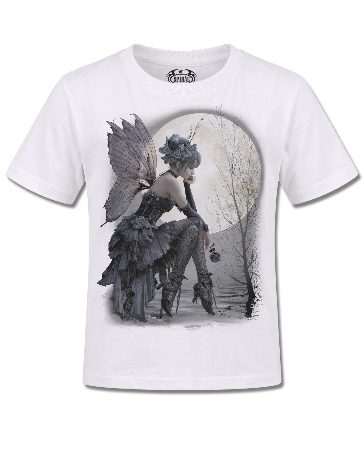 Spiral Reflections design, front view on White K106, Rock Off Retail official merch