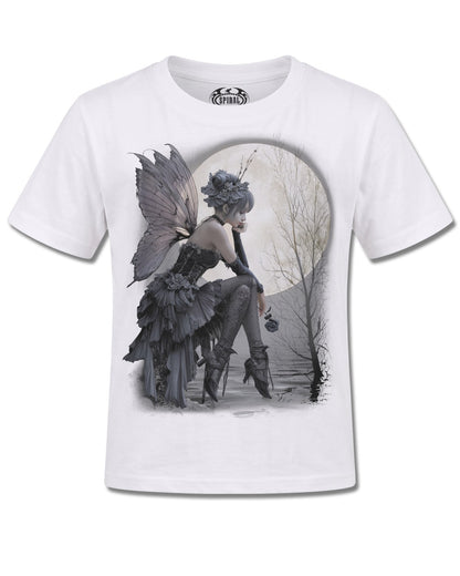 Spiral Reflections design, front view on White K106, Rock Off Retail official merch