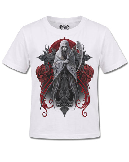 Spiral Reaperess design, front view on White K106, Rock Off Retail official merch