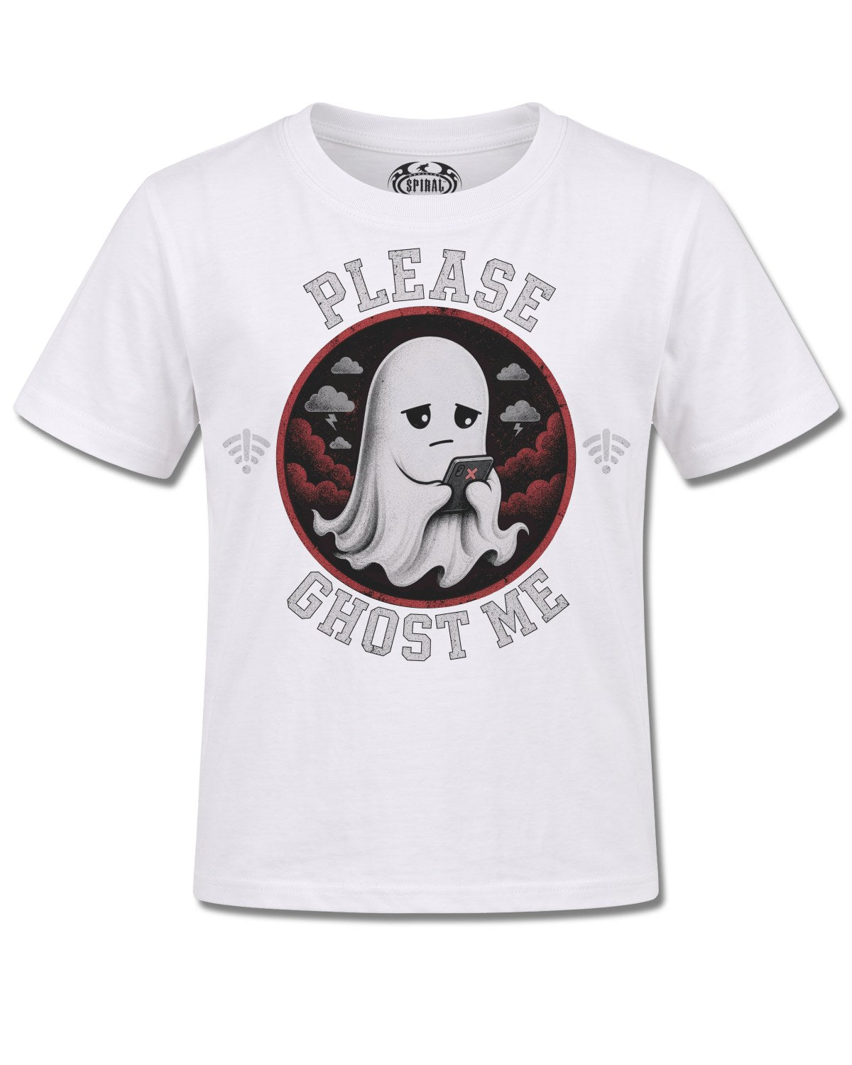 Spiral Ghost Me design, front view on White K106, Rock Off Retail official merch