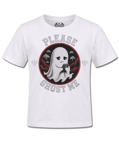 Spiral Ghost Me design, front view on White K106, Rock Off Retail official merch