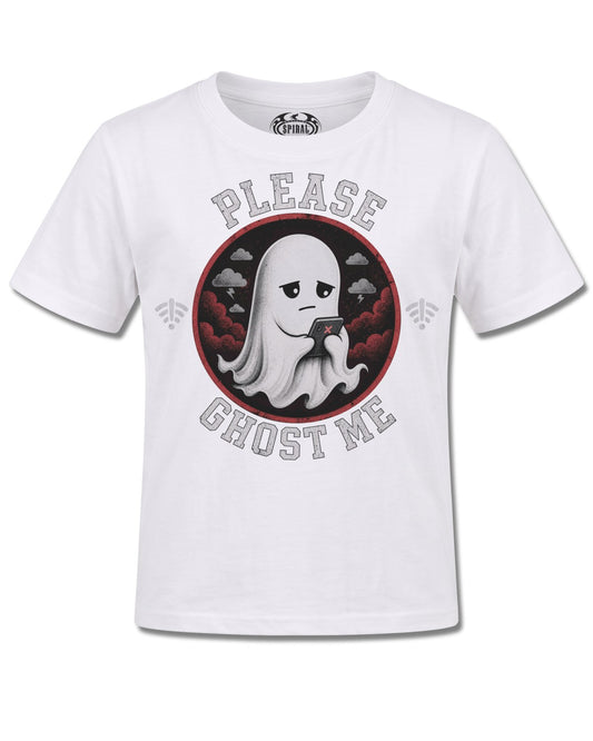 Spiral Ghost Me design, front view on White K106, Rock Off Retail official merch
