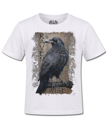 Spiral Raven Wise design, front view on White K106, Rock Off Retail official merch