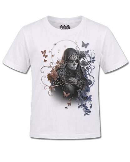 Spiral Gothic Grace design, front view on White K106, Rock Off Retail official merch